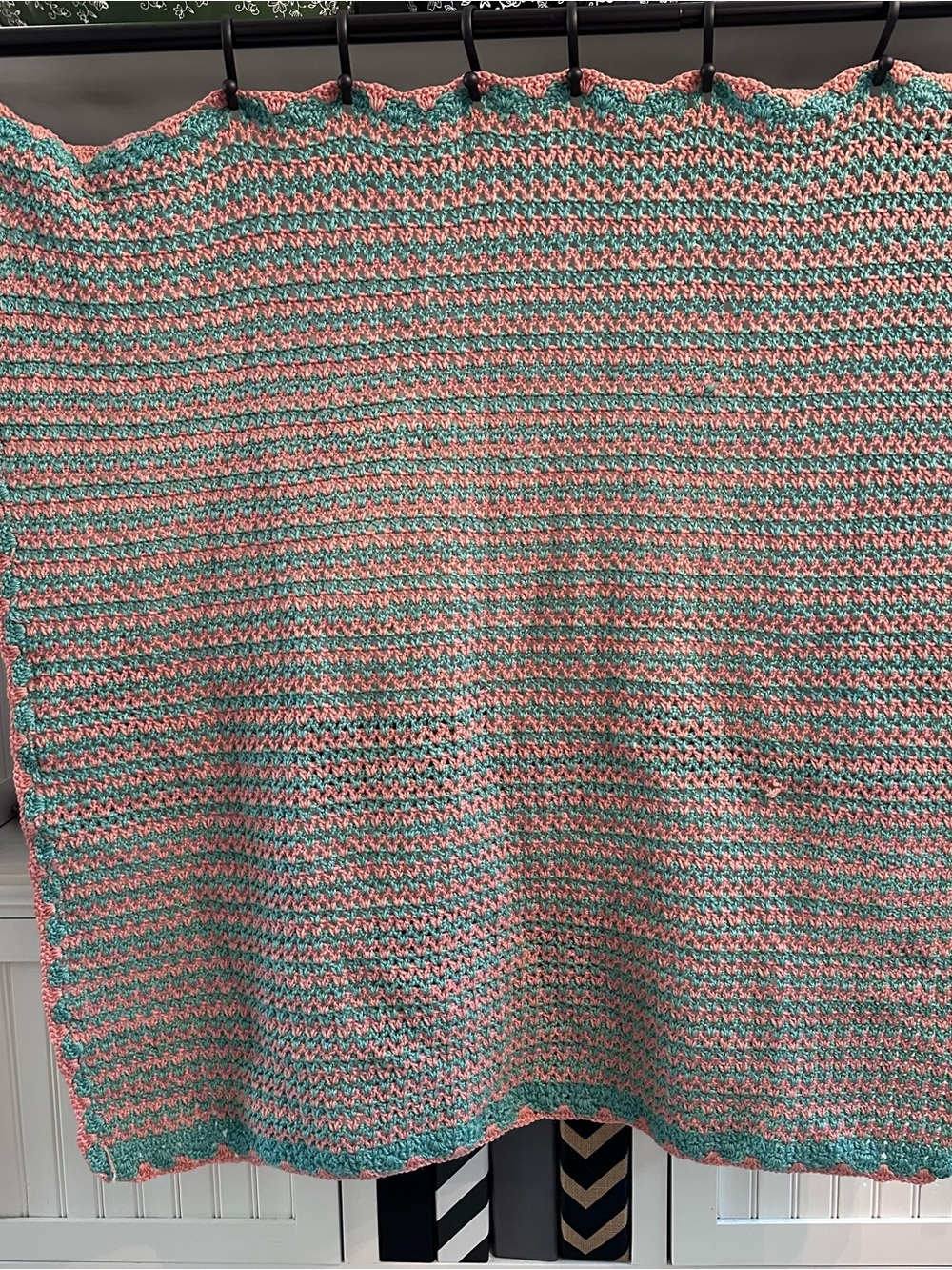 Handmade Crochet Blanket in Teal and Coral Approx 36x36in